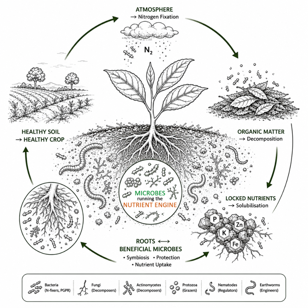 Nutrient engine diagram showing microbes cycling nutrients between atmosphere, organic matter, soil and plant roots