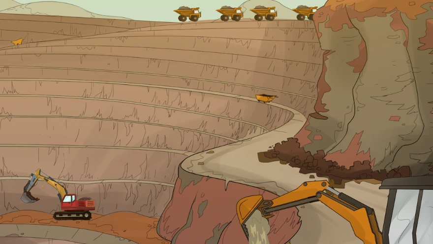 Illustration of an open-cast mine with excavators and haul trucks