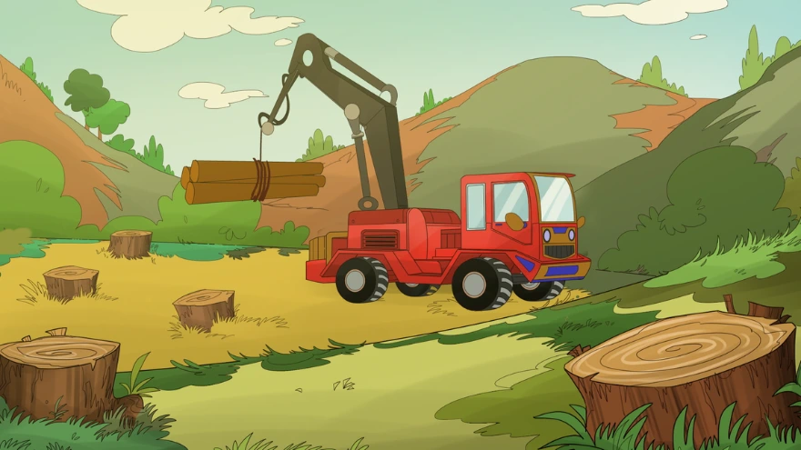 Illustration of a logging vehicle carrying timber through a cleared forest
