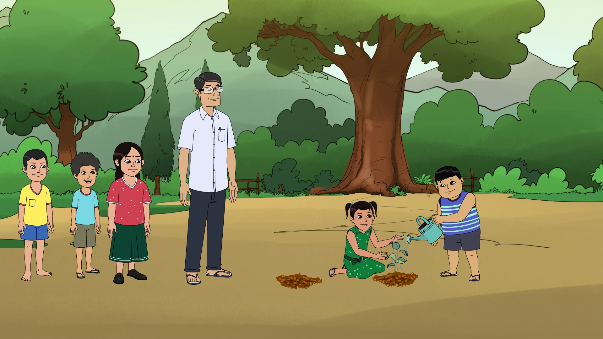 Children planting and watering a sapling with an adult in a wooded landscape