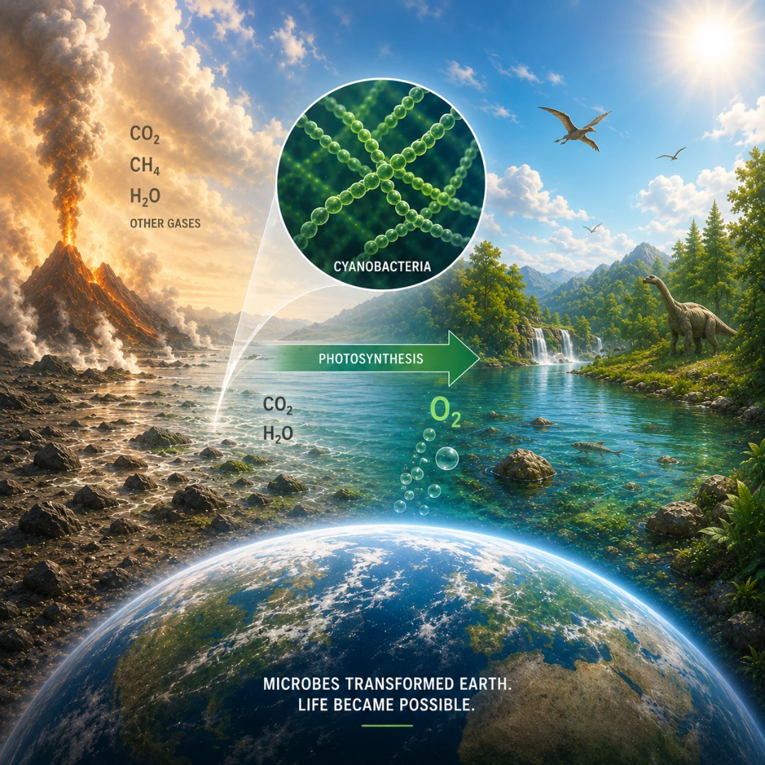 Photosynthetic microbes (cyanobacteria) converting CO2, CH4, H2O and N2 into oxygen — microbes transform Earth and life becomes possible
