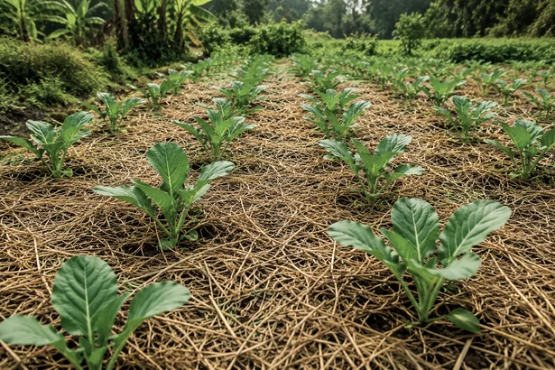 Vegetable beds covered with straw mulch between the rows