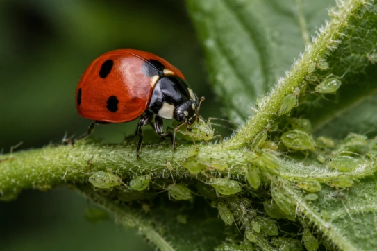 Ladybird beetle preying on aphids on a plant stem — a beneficial farm insect