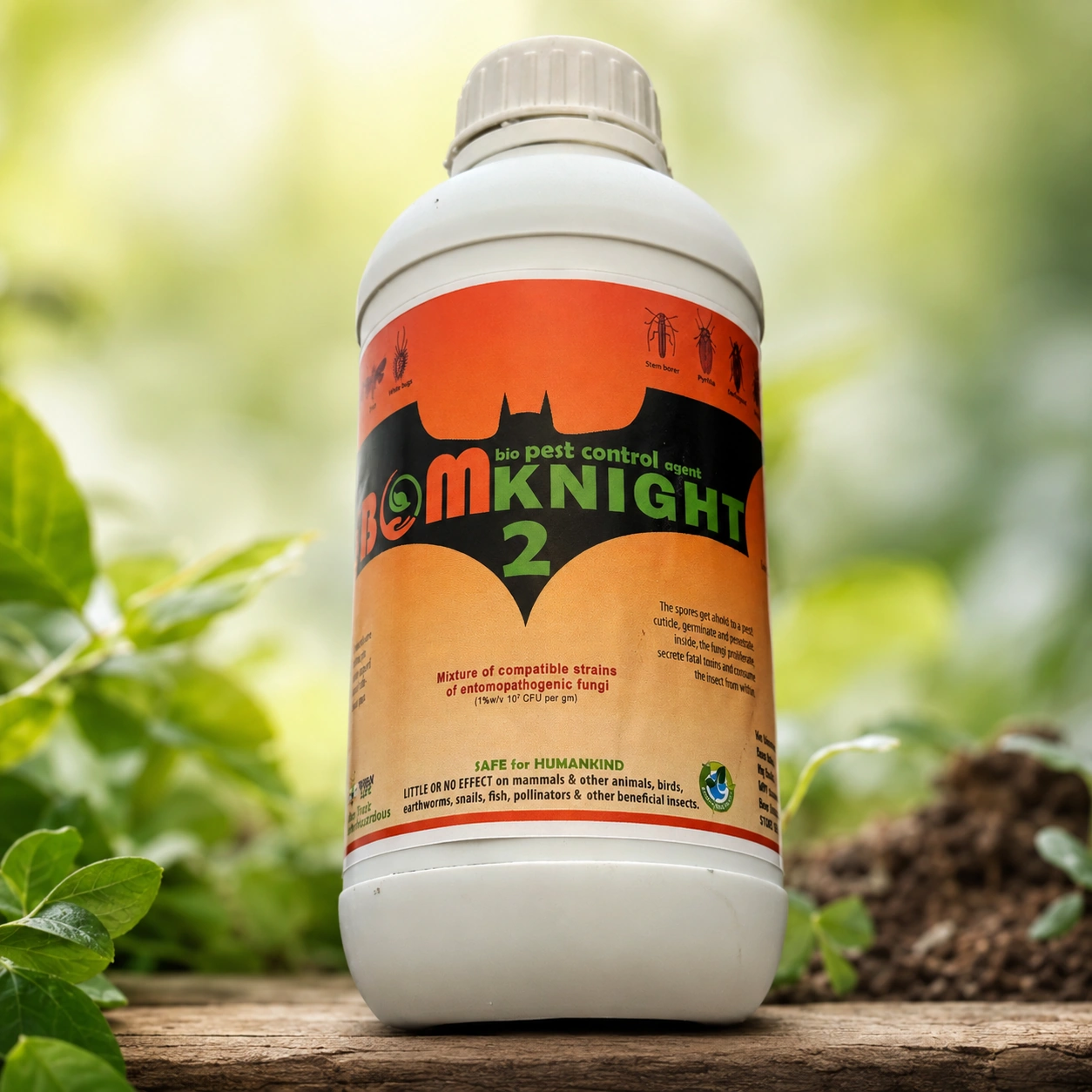 Bom Knight2 bio pest control bottle in a green field