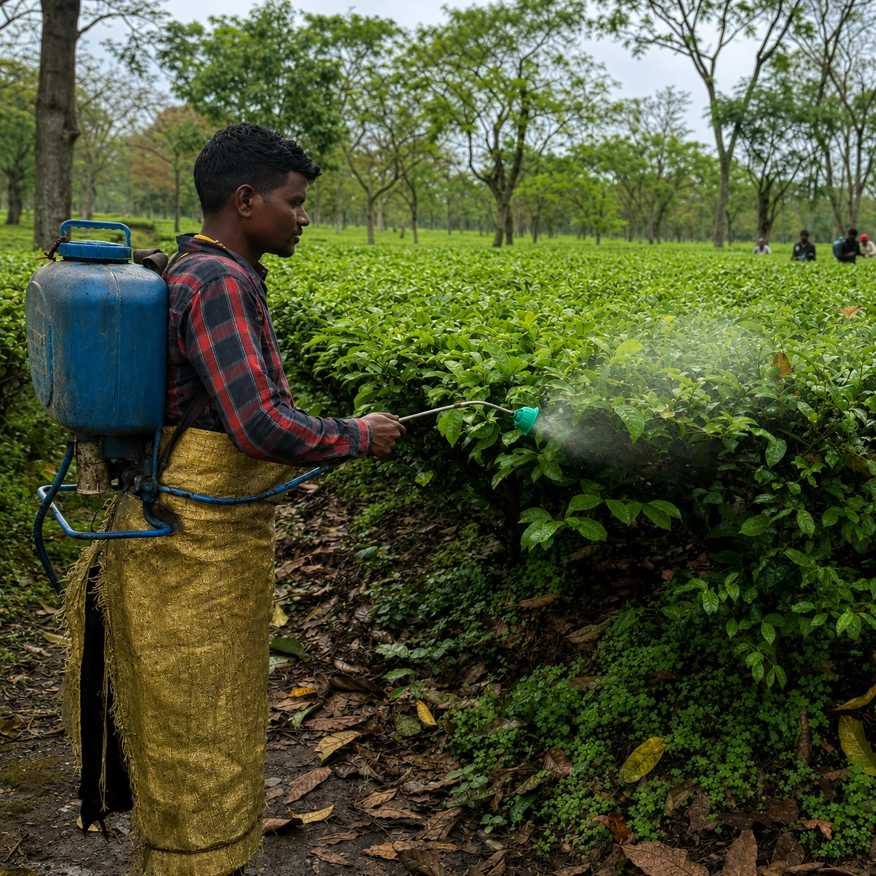Farmer spraying bio-activated Biomics on a tea field