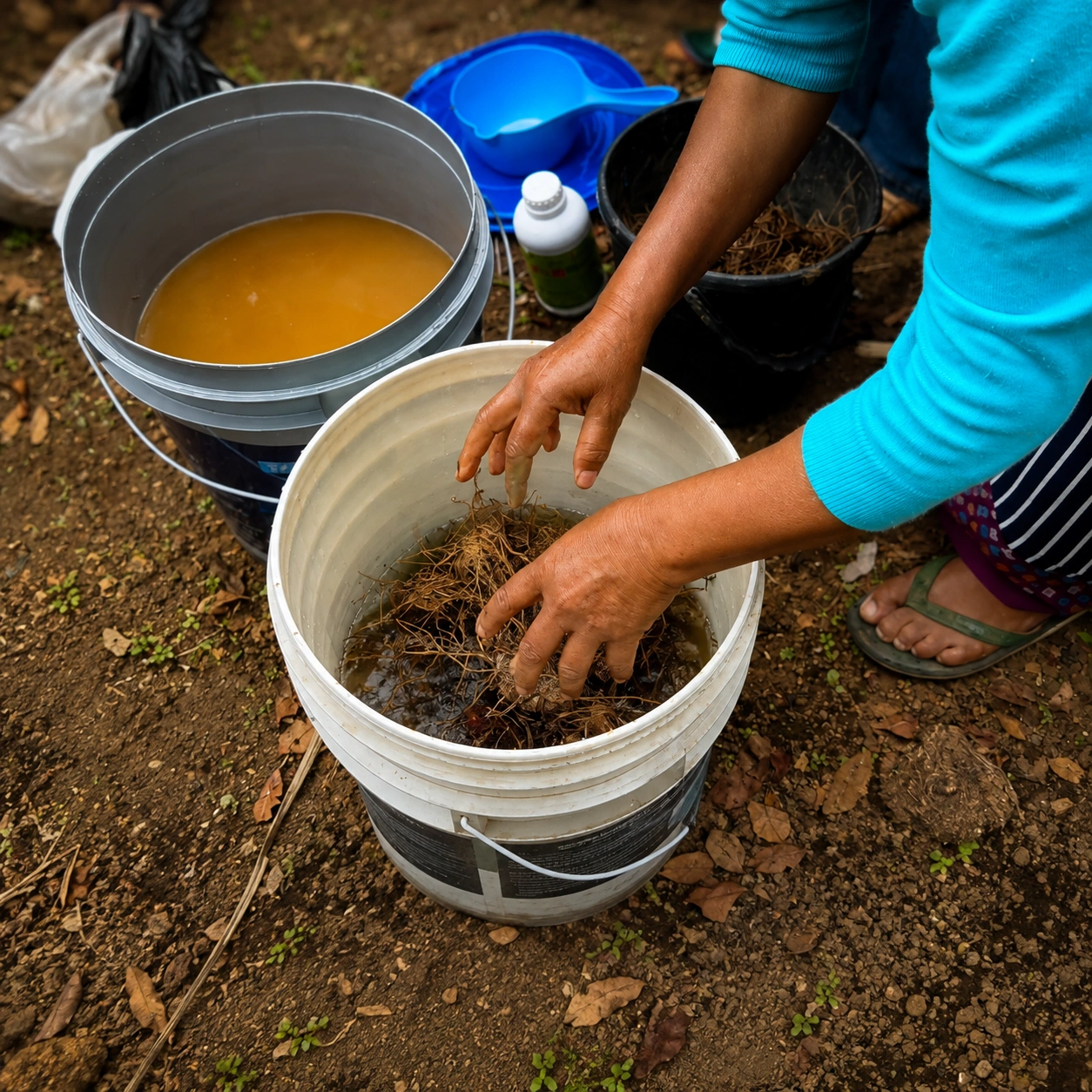Mixing bio-activated Biomics with soil for seedling treatment